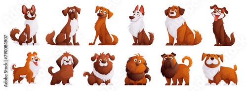 Cute brown dogs vector set. Cartoon characters of dogs or puppies create a collection with different breeds. Set of funny pets.