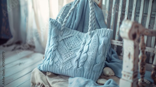 A light blue knitted tote bag, bohemian style, perfect for beach trips, conveying freedom and relaxation.