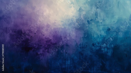 A dynamic abstract painting featuring vibrant blue and purple colors blended in fluid, sweeping strokes