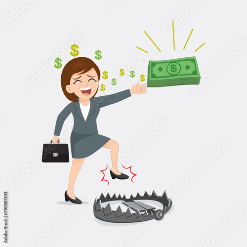 Woman takes dollars from a bear trap. Flat, Vector, Illustration, Cartoon, EPS10.