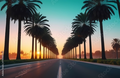 Endless road with palm trees on either side with sunset sky in the background. Green palm trees on the edges of the road