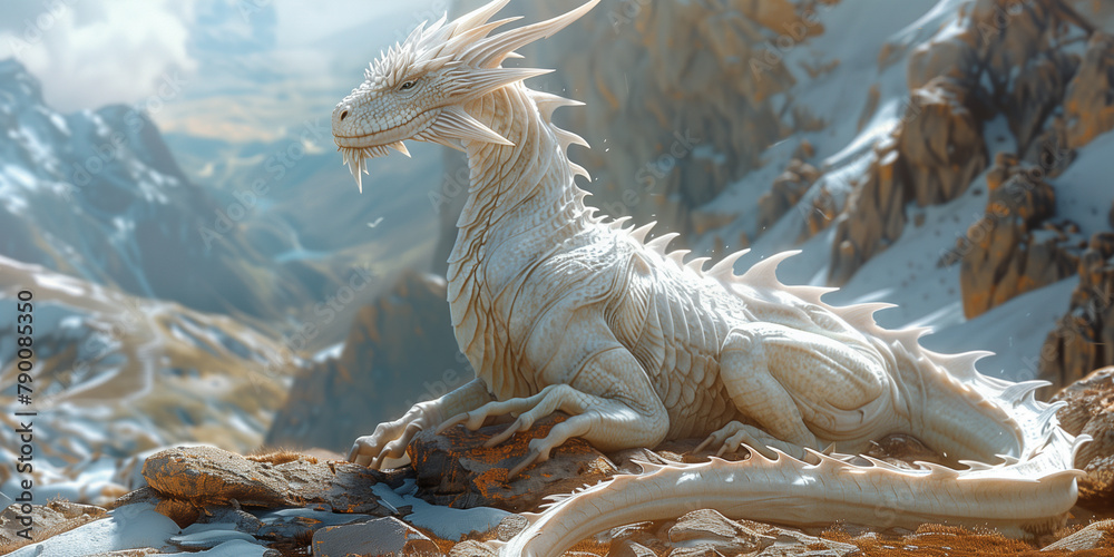 White dragon perched on mountain peak banner White dragon perched on mountain peak banner