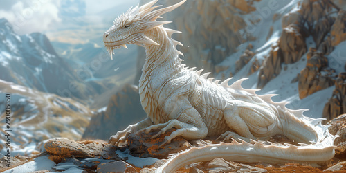 White dragon perched on mountain peak banner