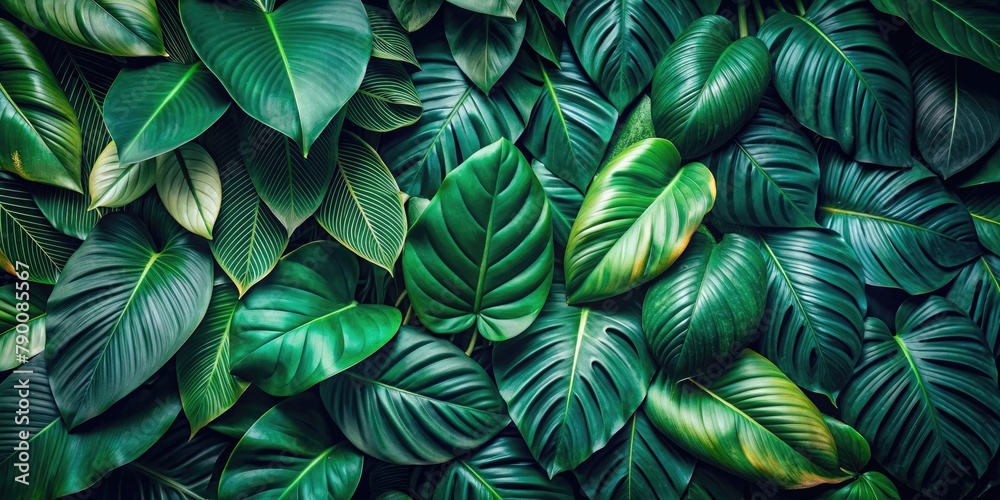 Lush green leaves flat lay, creating a vibrant pattern as a backdrop of the tropical jungle. Lush green leaves flat lay, creating a vibrant pattern as a backdrop of the tropical jungle.