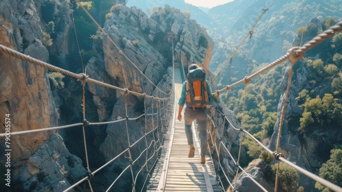 adventurous backpacker crossing a narrow suspension bridge high above a deep gorge, showcasing bravery and exploration photo