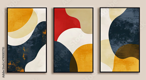 Fototapeta Naklejka Na Ścianę i Meble -  A set of three abstract paintings with a blue, yellow, red and white design, geometric abstract art. Design for poster, print, cover, placard, brochure
