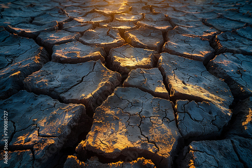 The sun sets over a dry and cracked earth landscape texture