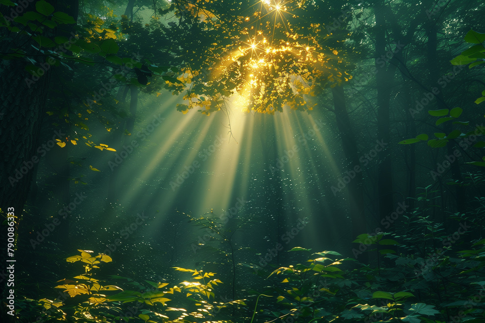 Obraz premium Sunbeam piercing through dense forest trees wallpaper