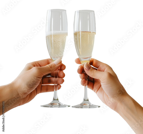 two hand hold a glasses of champagne isolated on transparent background