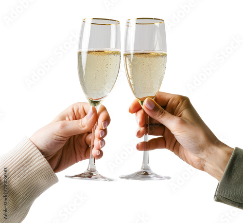 two hand hold a glasses of champagne isolated on transparent background