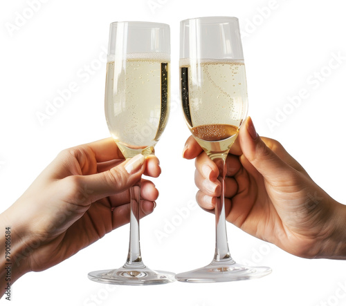 two hand hold a glasses of champagne isolated on transparent background