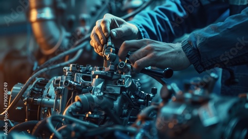 engineer meticulously assembling an engine, their hands carefully placing each component in its exact position photo