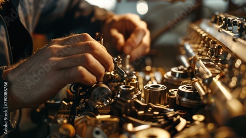 engineer meticulously assembling an engine, their hands carefully placing each component in its exact position