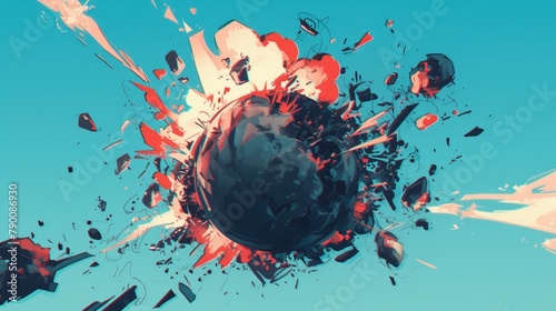 Experience the striking contrast of a black bomb igniting against a crisp white backdrop in this immersive cartoon illustration presented in anaglyph format Put on your red cyan glasses to w