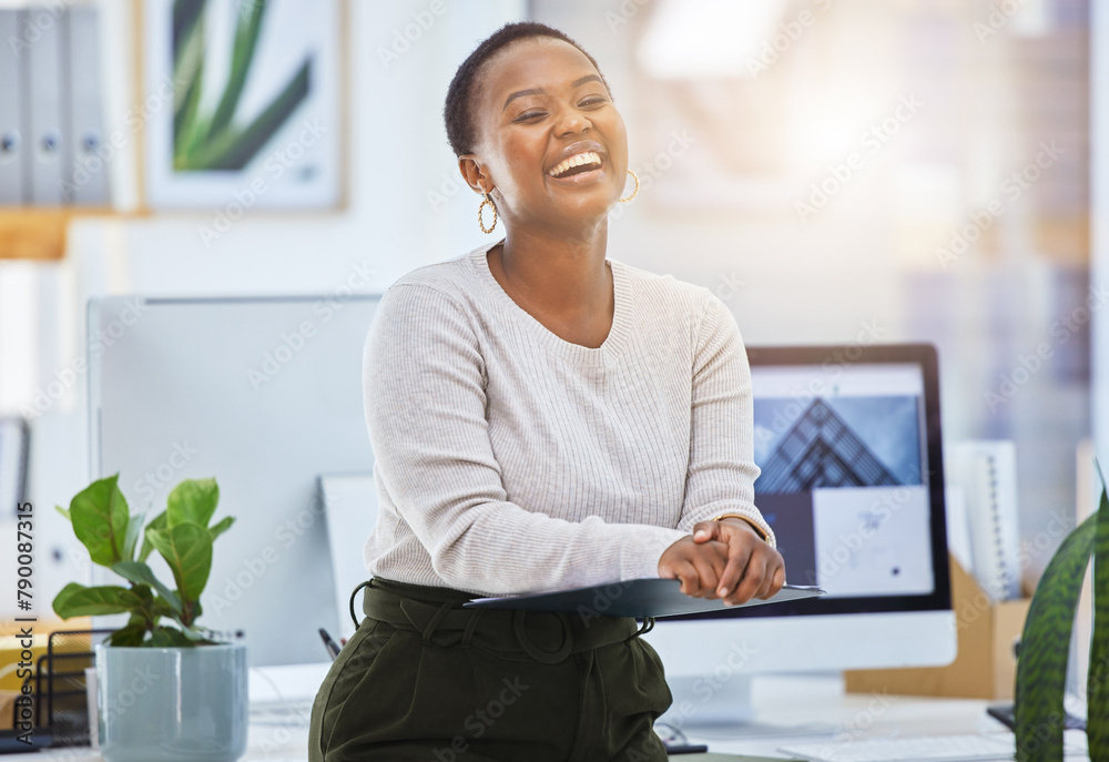 Black woman, laugh and happy at office with professional humor, creative employee at startup and joking in the workplace. Pride, ambition and satisfaction in career with comedy, joy and positive mood - obrazy, fototapety, plakaty 