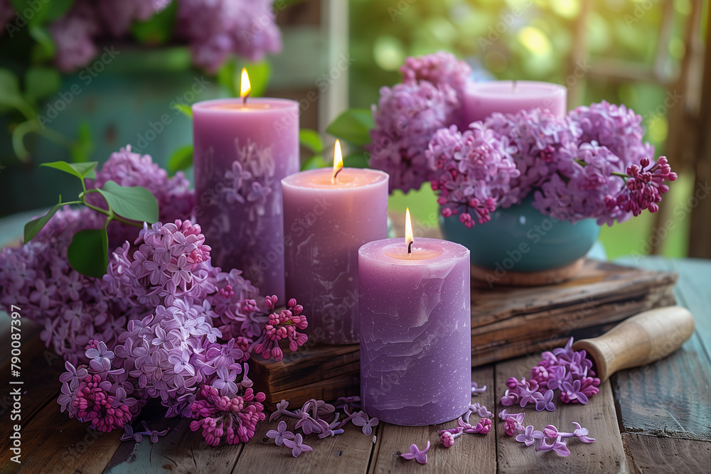 Several purple candles and lilac arranged on a wooden table