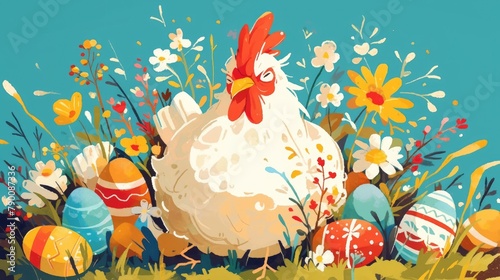 Celebrate Easter with a cheerful 2d illustration of a festive Easter chicken Happy Easter