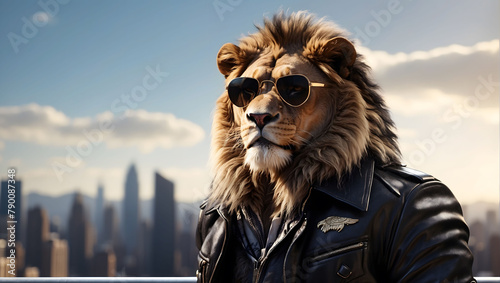 Lion man wearing aviator-style sunglasses and a leather jacket, businessman manhood symbolism, the backdrop of a big cityscape city view city jungle