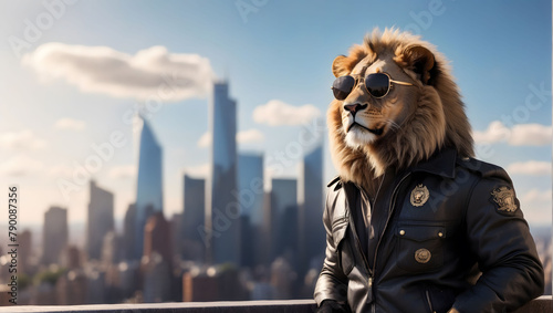 Lion man wearing aviator-style sunglasses and a leather jacket, businessman manhood symbolism, the backdrop of a big cityscape city view city jungle