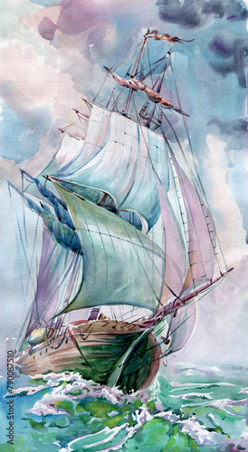 Beautiful ship with white sails in the sea.