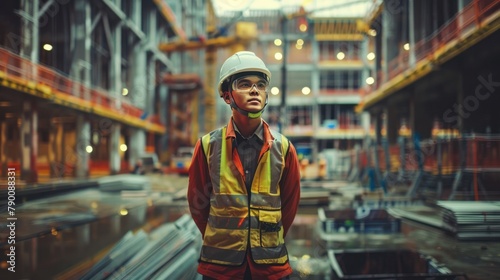 engineer standing amidst a construction site  their helmet and safety suit blending with the industrial backdrop