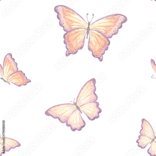 Butterflies delicate Seamless pattern. Watercolor flying insect. Spring summer hand drawn illustration. Tropical wild animals. Drawing endless template for wallpaper, scrapbooking, wrapping, textile.