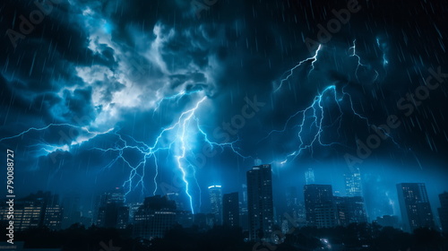 dramatic lightning storm illuminating the night sky over a silhouette of city buildings