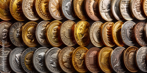 Wall displaying various types of coins from different countries and eras