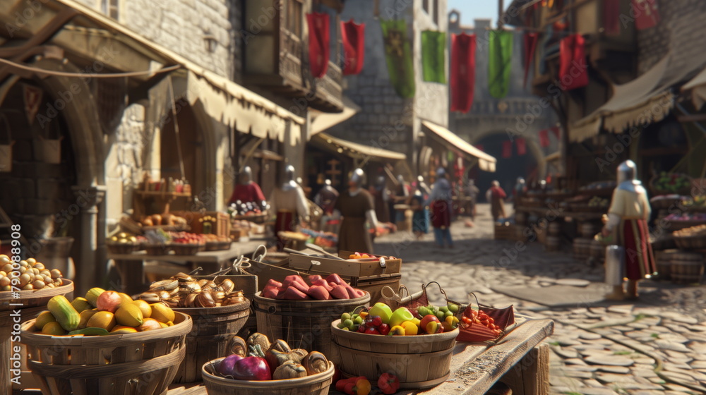 Lively scene of a medieval village market with vendors, produce, and townsfolk under warm sunlight