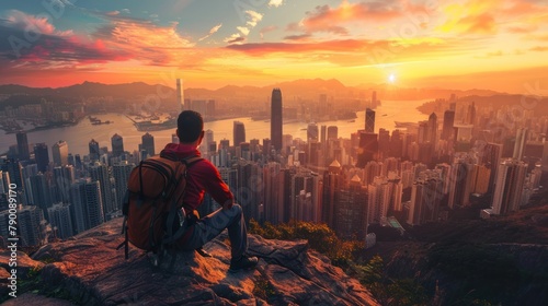 A solo traveler admiring a breathtaking sunset over a foreign city skyline from a hilltop viewpoint