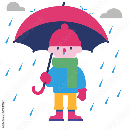 menino gripado no inverno segurando guarda chuva em dia de chuva