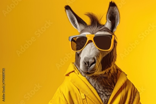 Stylish portrait of dressed up imposing anthropomorphic donkey wearing glasses and suit on vibrant orange background with copy space. Funny pop art illustration. © vlntn