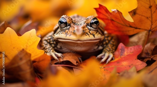 Portrait of happy frog rejoices in autumn.