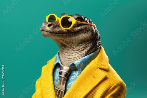 Funny fashion crocodile wearing sunglasses.