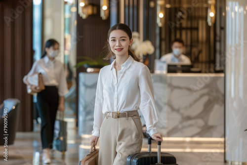 Mujer asiatica mirando a camara con camisa blanca y pantalon beige, con maleta en una mano y maletin en la otra, con fondo de recepcion lujosa de hotel