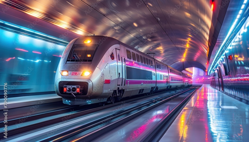Train rolling through tunnel at night with automotive lighting Train rolling through tunnel at night with automotive lighting
