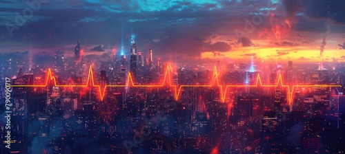 A pulsating heartbeat line amidst the urban landscape under a purple sky