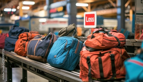 A row of luggage on a conveyor belt in an airport terminal