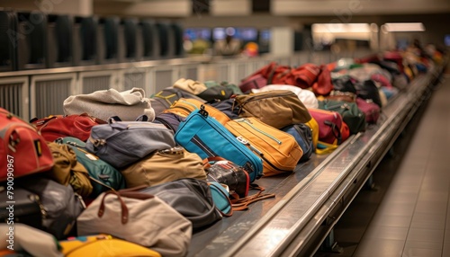 Travelers luggage moves along a conveyor belt at the airport