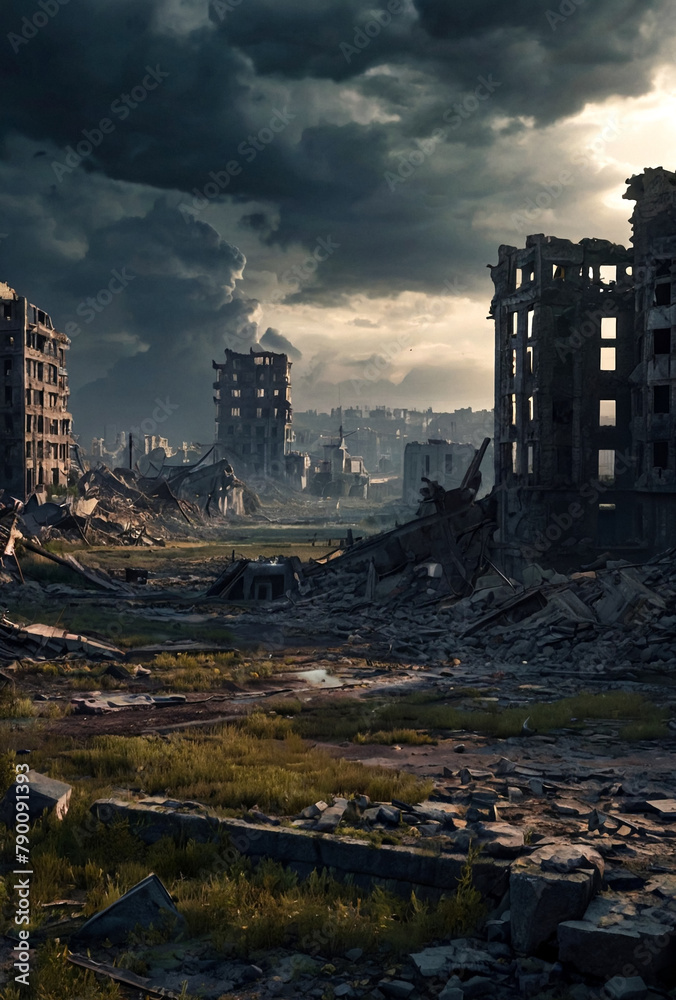Naklejka premium Ruins of city, apocalyptic urban landscape, doomsday. Scenery of apocalypse survivor, abandoned damage city, skyline. Global apocalyptic conflict concept. Gen ai illustration. Copy ad text space