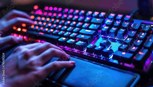 Keyboard with purple and red lights as a computer input device