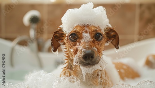 Dog of working breed enjoys bath with foam on snout in pet bathtub