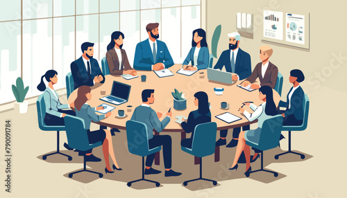illustration of a business team meeting in a flat design style