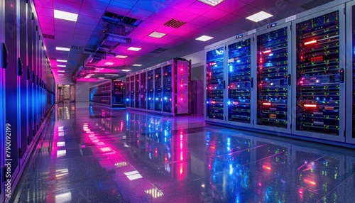 Server room with vibrant purple and electric blue lights for visual effect photo