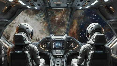Dois astronautas cruzando um nebulosa.