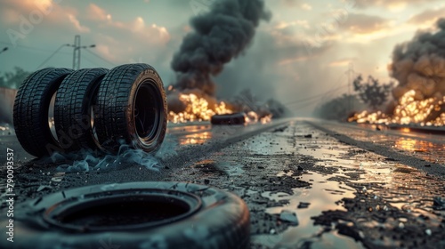 Surreal scene of car tires succumbing to the merciless heat, almost liquefying on the road photo