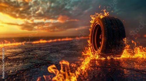 Surreal scene of car tires succumbing to the merciless heat, almost liquefying on the road photo