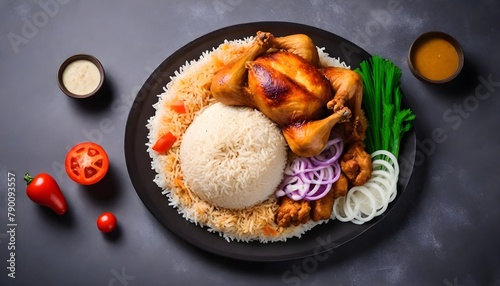 Chicken-Mandy-top-view-The-national-Saudi-Arabian-dish-chicken-kabsa-with-rice-mandi--arab-cuisine photo