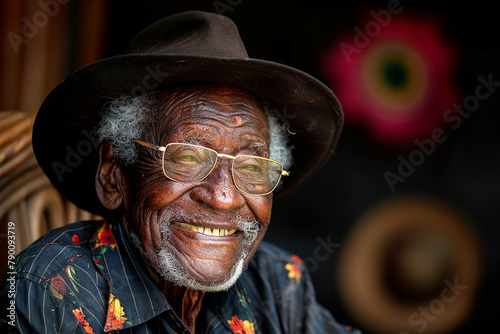 An elderly man with a hearty laugh and twinkling eyes, radiating joy and humor