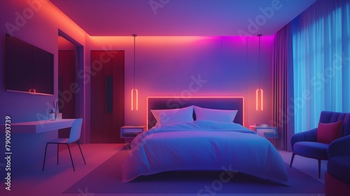 A minimalist neon-lit hotel room with clean lines and a cozy ambiance  featuring subtle neon accents that add a pop of color to the serene atmosphere.